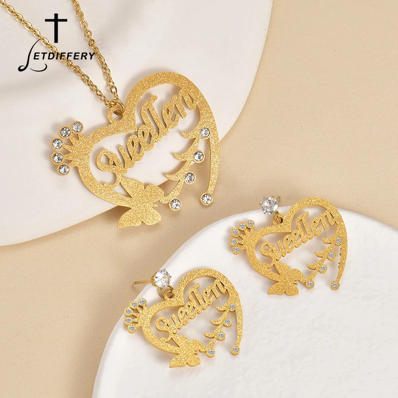 

Letdiffery Custom Name Frosted Pendant Jewelry Set Stainless Steel Personalized Nameplate Earring Necklace for Women Jewelry