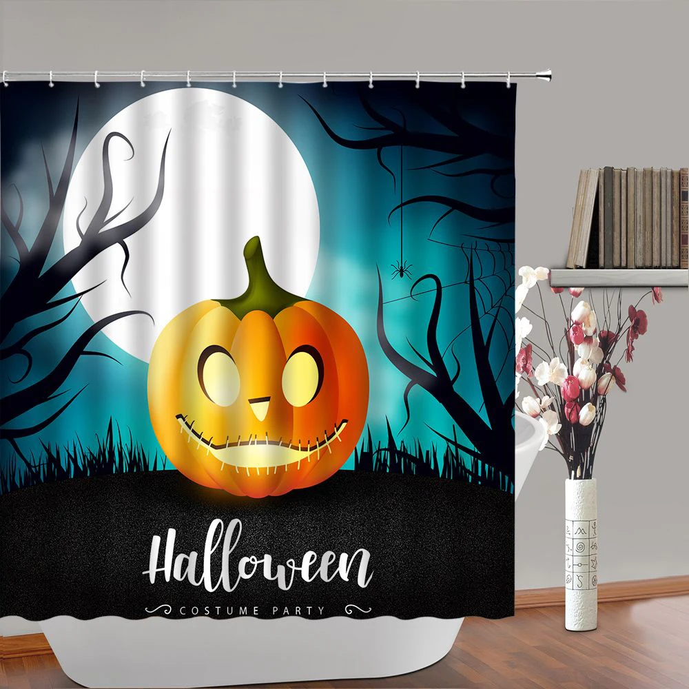 

Pumpkin Spooky Moon Shower Curtain Graveyard Witch Withered Tree Halloween Bathroom Decor Waterproof Cloth Fabric Bath Curtains