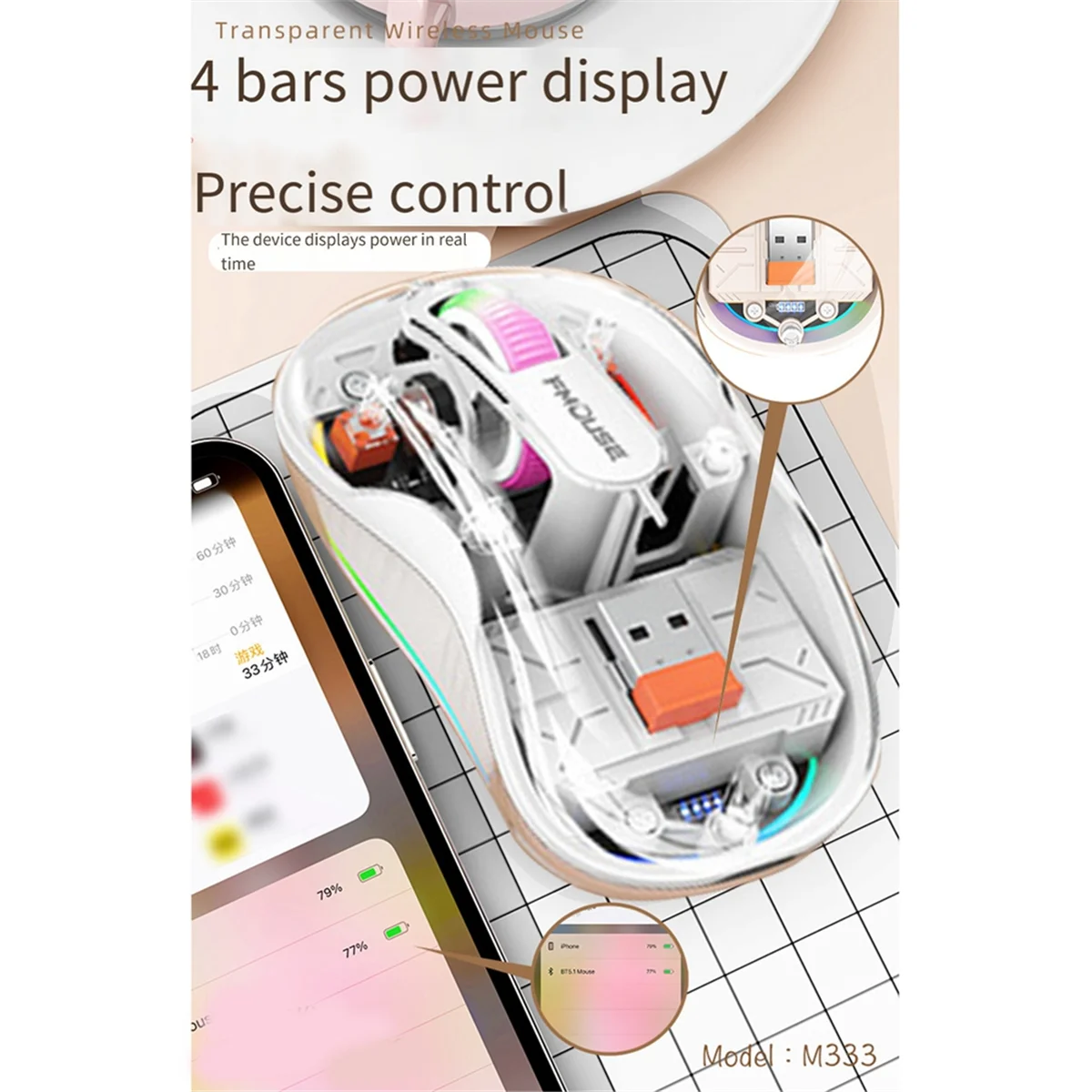 FMOUSE Ratón inalámbrico Bluetooth Ratón recargable magnético transparente Ratón con lámpara LED silenciosa de tres modos para computadora portátil PC Blanco