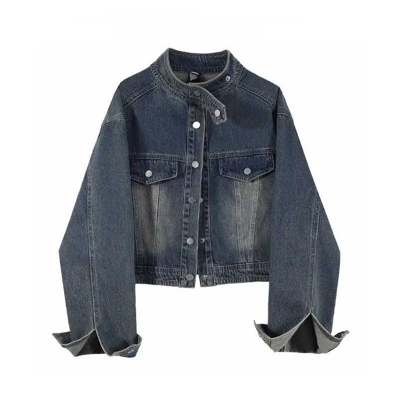 Retro Washed Vintage Denim Jacket For Women In Spring And Autumn, Loose Design, Stand Up Collar Jacket Top