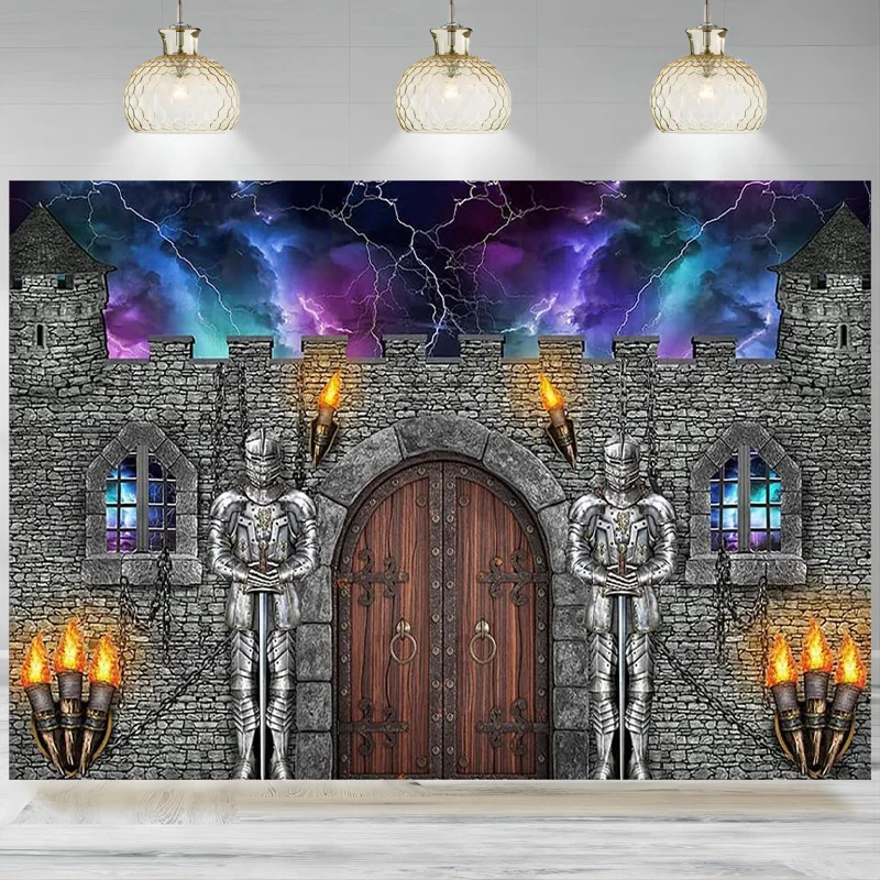 Medieval Castle Backdrop Knight Decoration Castle Wall Lightning Stone Wall Party Vintage Banner Themed Photographic Backgroun