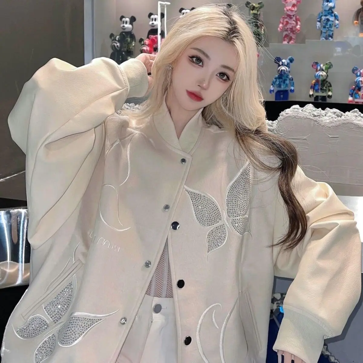 

American Embroidered Diamond Baseball Uniform Jacket Women Spring Autumn New Loose Niche Design Retro High Street Jacket Top