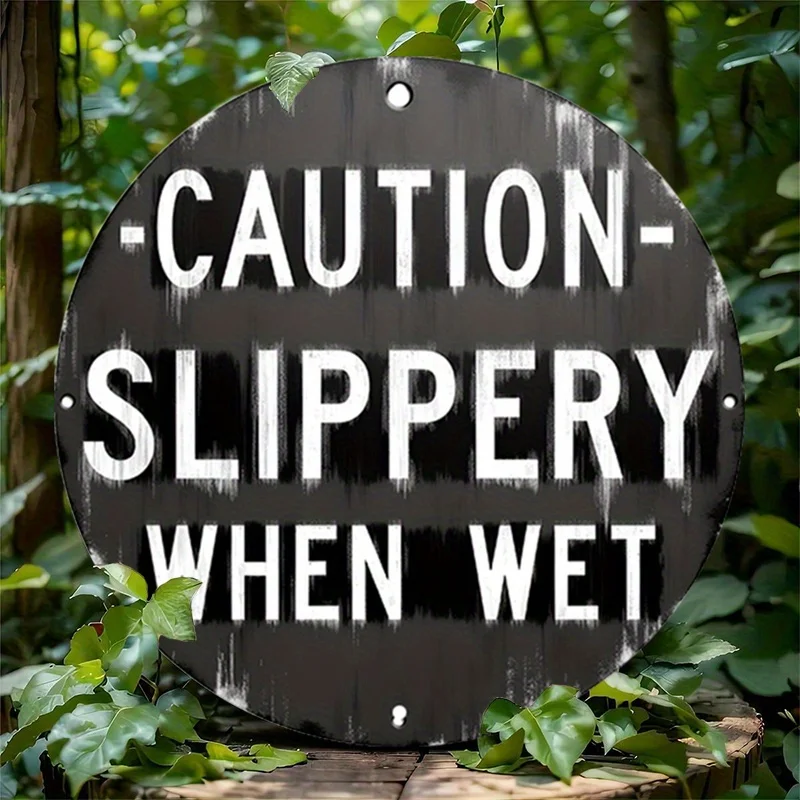 1-teiliges Vintage-Holzschild, runde Wandkunst „Beware: Slippery“, traditioneller lässiger Stil, Heimbüro, Bar, Café-Dekoration