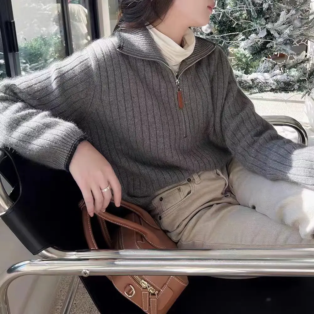 

100% Merino Wool Women's High Collar Hoodie Half Zipper Autumn Winter Casual Fashion Knitted Cashmere Sweater