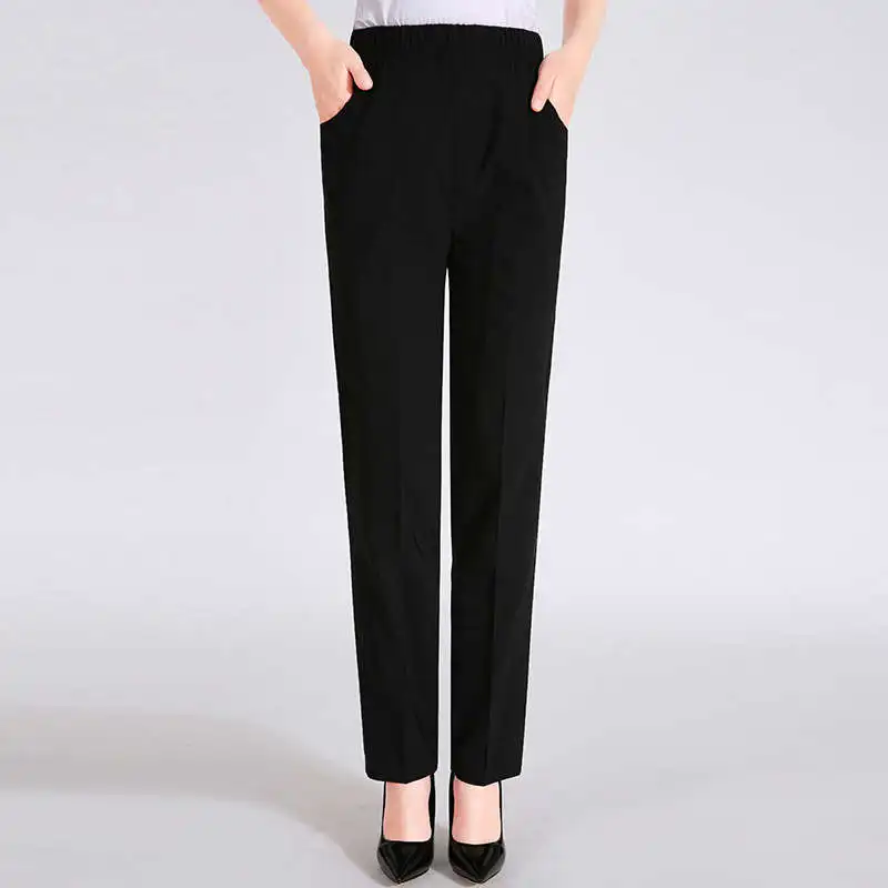 Брюки для мам больших размеров, летние тонкие хлопковые женские брюки для среднего возраста, свободные однотонные длинные офисные брюки с высокой талией C7424