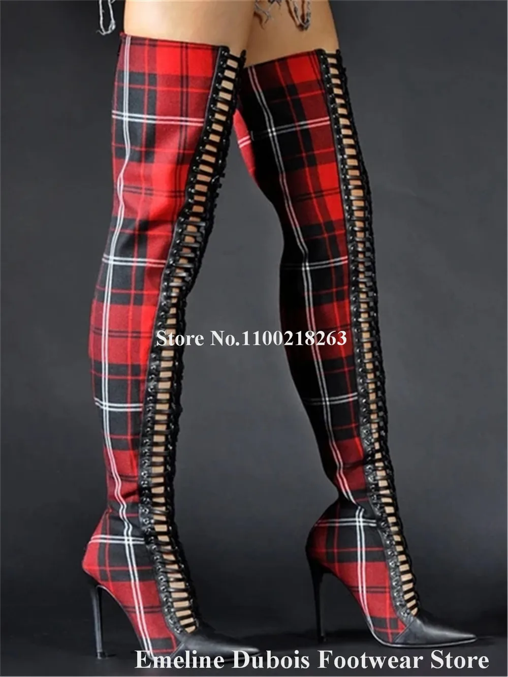 Women Sexy Red Plaid Long Boots Emeline Dubois Pointed Toe Cut-out Stiletto Heel Over-the-Knee Straps Cross Boots Club Shoes