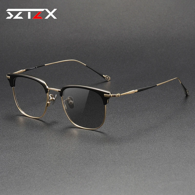 SZTZX Luxury Reading Glasses for Men Anti Blue Light Blocking Square Pure Titanium Photochromic myopia Prescription glasses80901