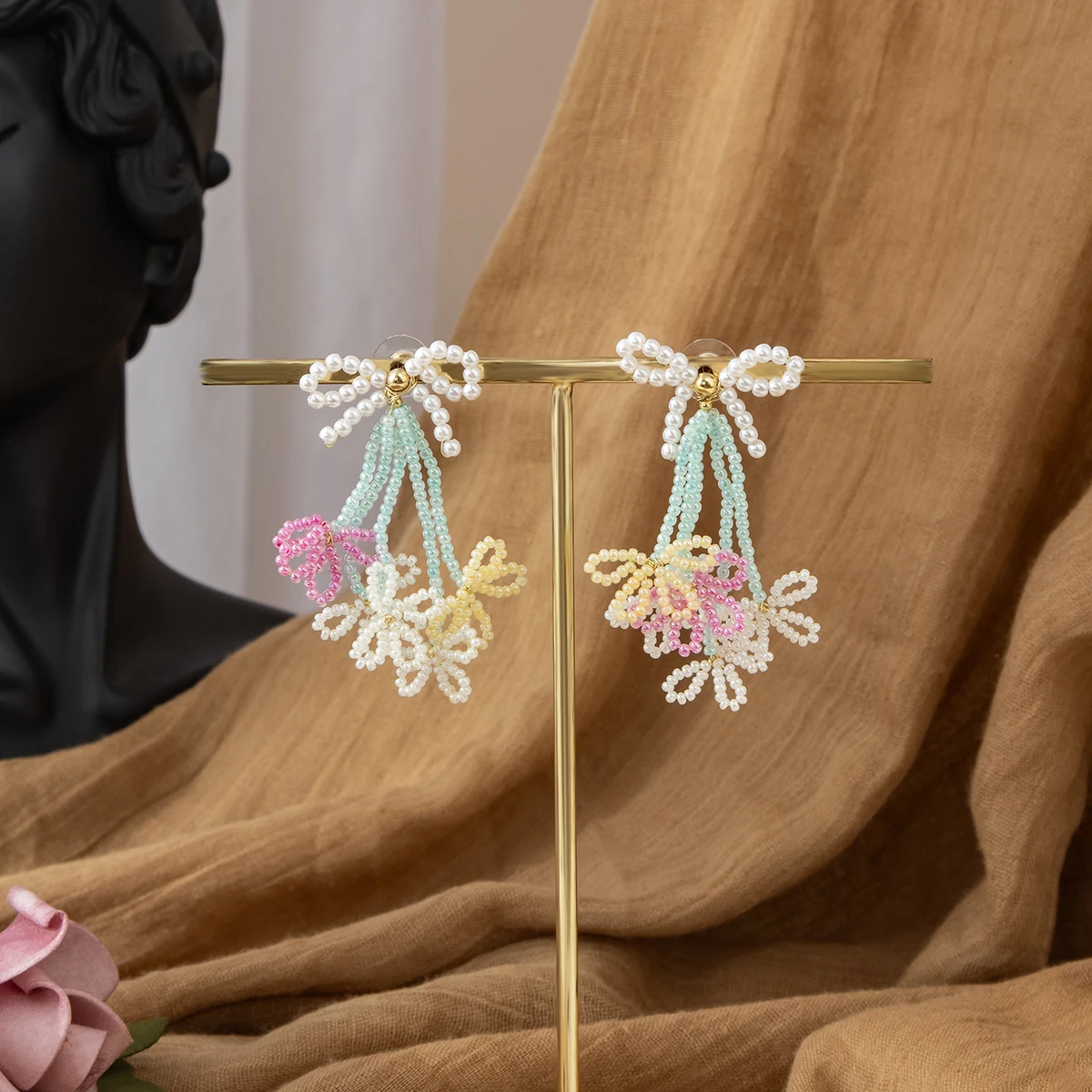 

Mixed Color Vacation Earrings, Hand-Beaded Flower Bow Long Tassel Sweet Cute Vitality Studs for Holiday Wear