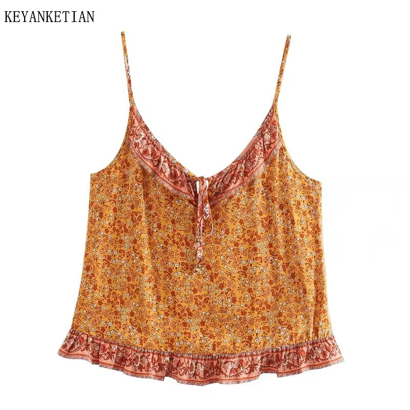 KEYANKETIAN 2026 Summer New Women's Floral Print Camisole Bohemian style Bow Decoration Slim Spaghetti Strap Vest Crop Top