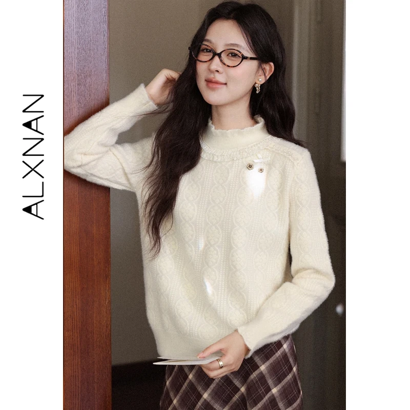 

ALXNAN Women's Winter Sweater Half Turtleneck Casual Lace Pearl Bow Design Pullovers Fall Winter Warm Knit Jumper Female L58829