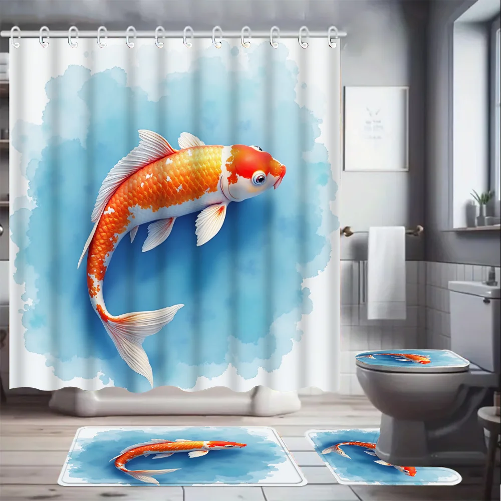 Cortina de ducha impermeable con diseño de peces Koi, decoración para el baño, estampado de animales acuáticos, cortina azul tropical, tapiz de pared, pantalla de ducha