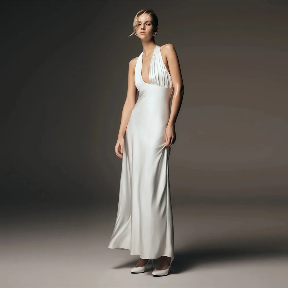 Customized 2025 Spring Sexy Backless Satin Solid Woman Dresses Neck-mounted Long Slim Dress Zipper Folds Female Elegant Vestidos