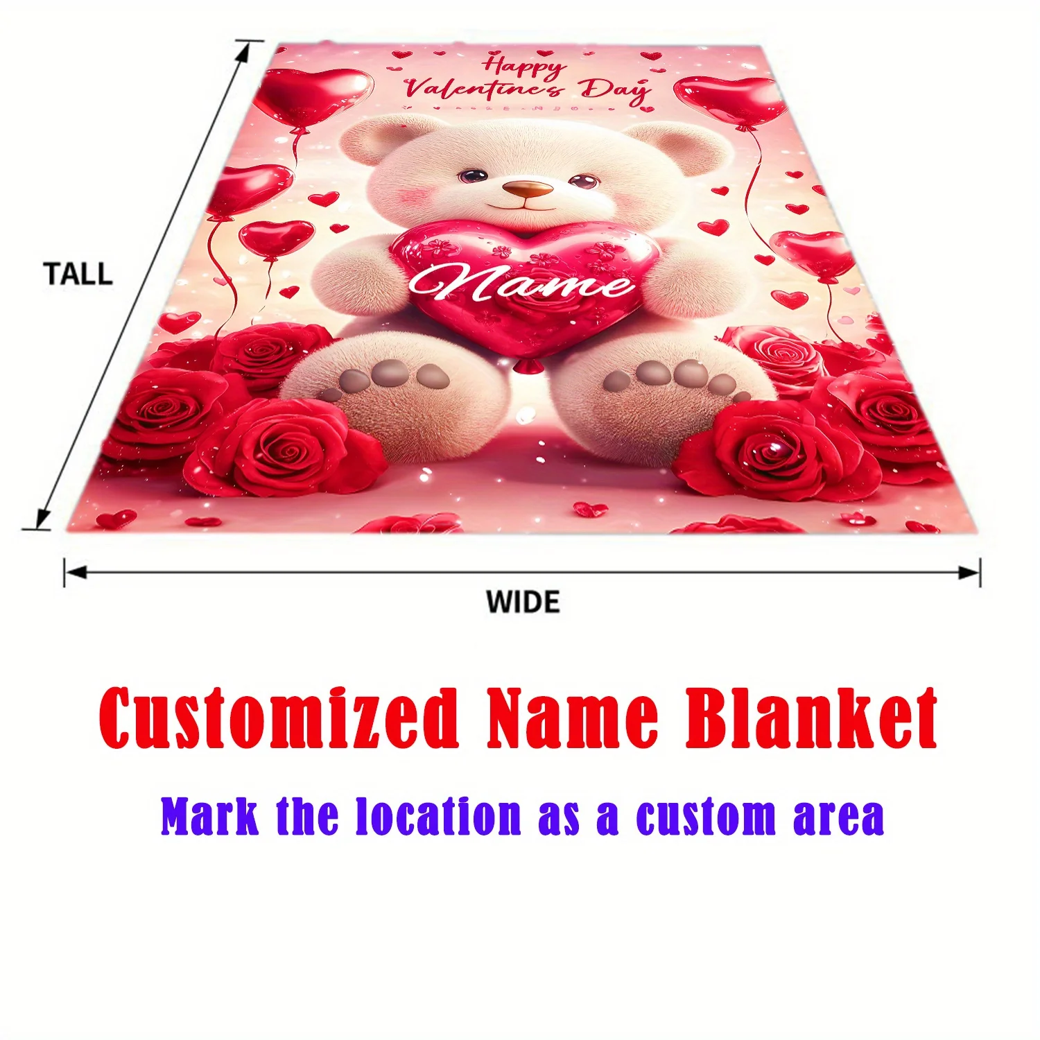 Personalized Valentine's Day Teddy Bear Blanket - Soft flannel blanket with heart-shaped balloons and roses, personalized name r