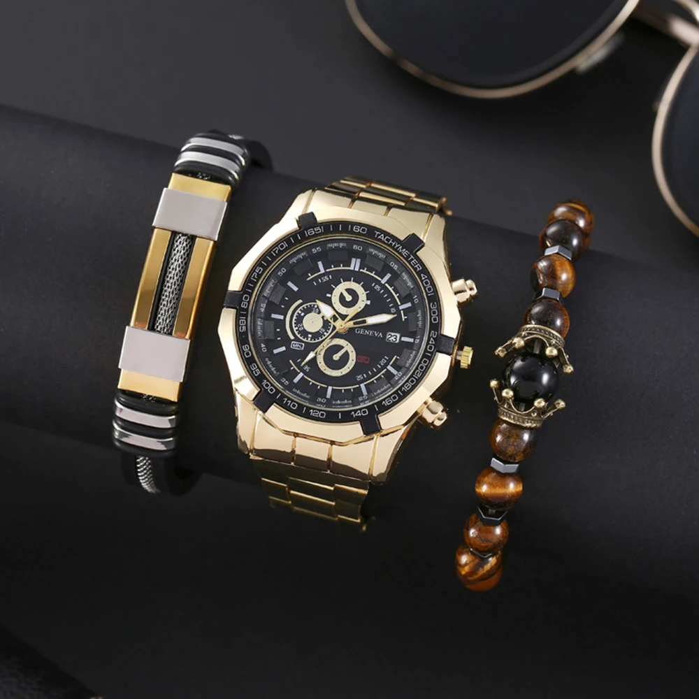 Reloj de pulsera de cuarzo para hombre, accesorio masculino de marca superior de lujo, en acero dorado y negro, estilo militar, de negocios, 3 piezas con caja