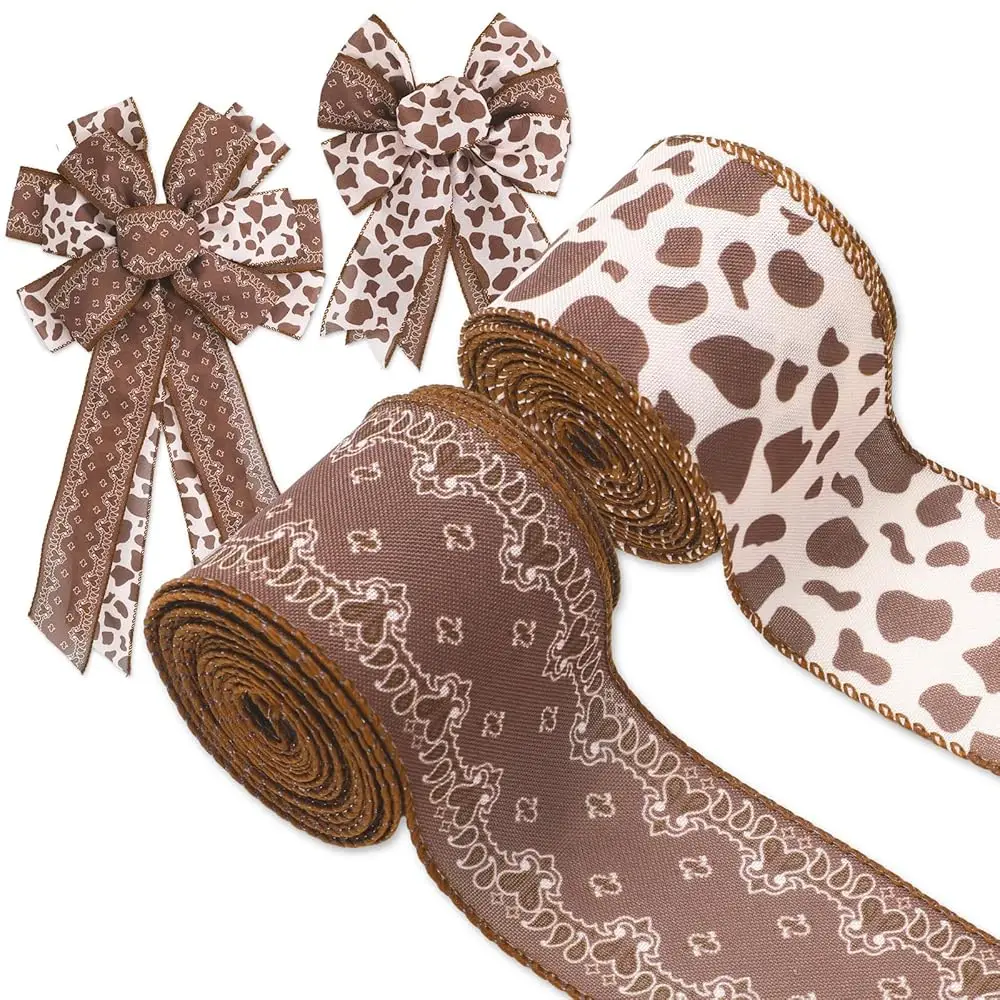 

Western Cowboy Wired Edge Ribbon 2.5 Inch Craft Ribbons Rodeo Birthday Decorative Fabric Ribbon for DIY Crafts Wreath Bow Ma