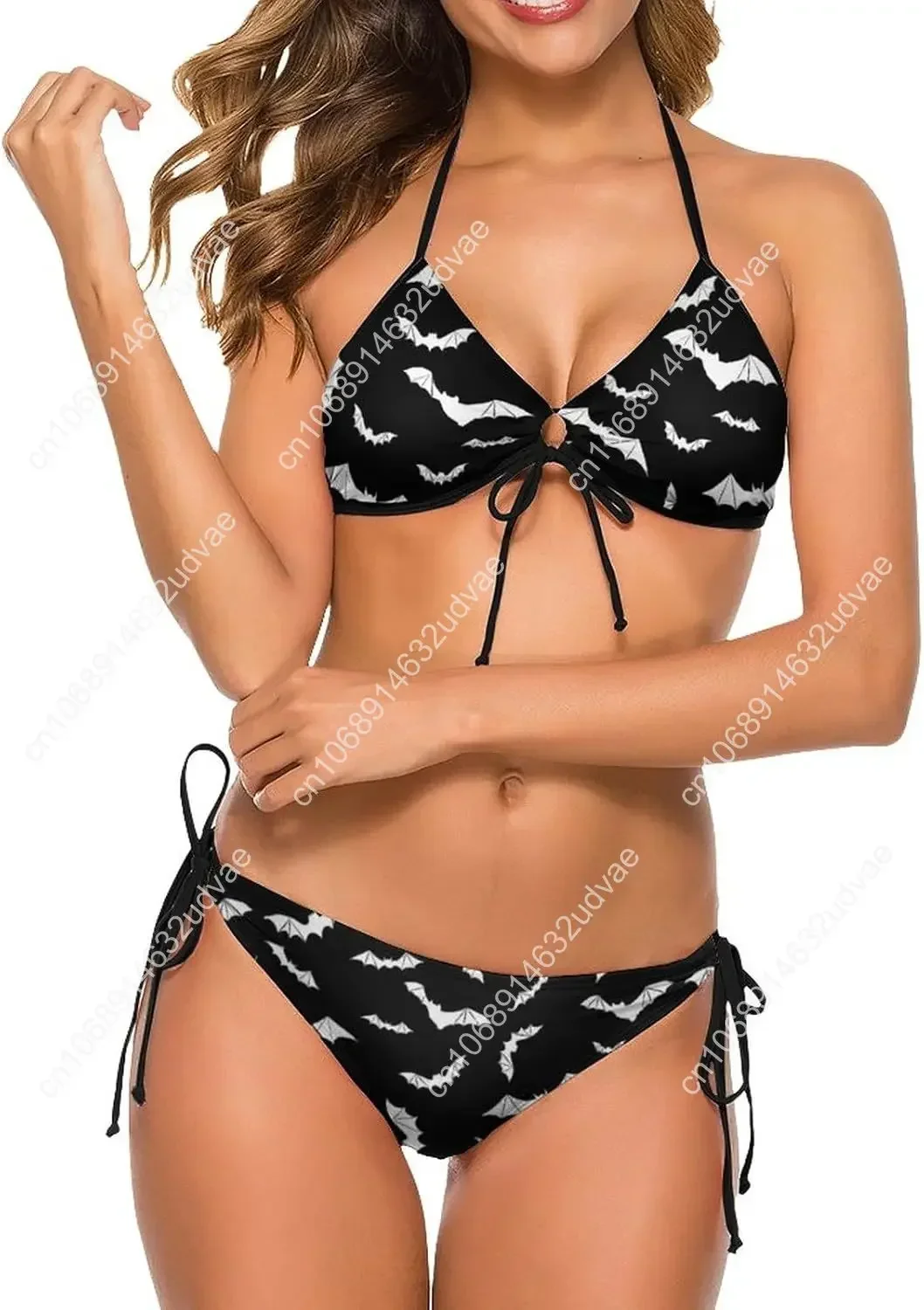 

Bats Halloween Goth Adjustable Halter Bikini Set Tankini Women Girl Swimsuits 2 Piece Triangle Sexy Lace Up Bra Swimwear