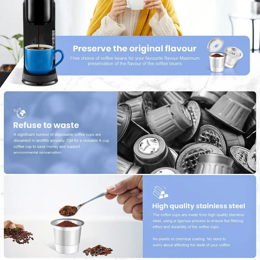 Stainless Steel Reusable K Cups with Lids Sturdy Refillable Coffee Pod Easy To Clean Anti-rust Coffee Capsule Cup Coffee Lovers