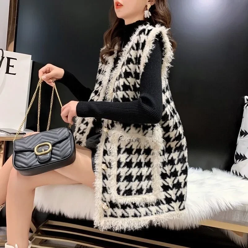 Faux Mink Fur Houndstooth Knitted Vest Women Autumn Winter Korean Japanese Style Loose Plaid Sleeveless Jacket Fashion Waistcoat