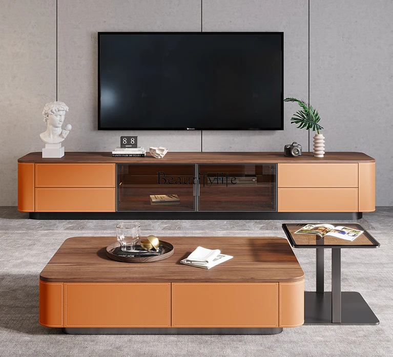 

Saddle Leather TV Cabinet and Tea Table Combination Small Apartment Living Room Locker