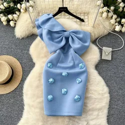 Women Diagonal Collar Vintage Ruffle Sleeve Elegant Butterfly Three-dimensional Floral Slim Dresses Evening High Street Clothing