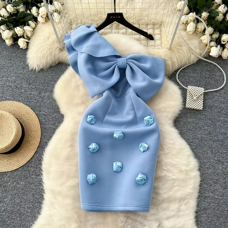 Damski ukośny kołnierzyk Vintage rękaw z falbankami elegancki motyl trójwymiarowy kwiatowy wąskie sukienki wieczorowe główna odzież uliczna