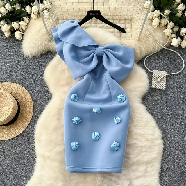 Damski ukośny kołnierzyk Vintage rękaw z falbankami elegancki motyl trójwymiarowy kwiatowy wąskie sukienki wieczorowe główna odzież uliczna