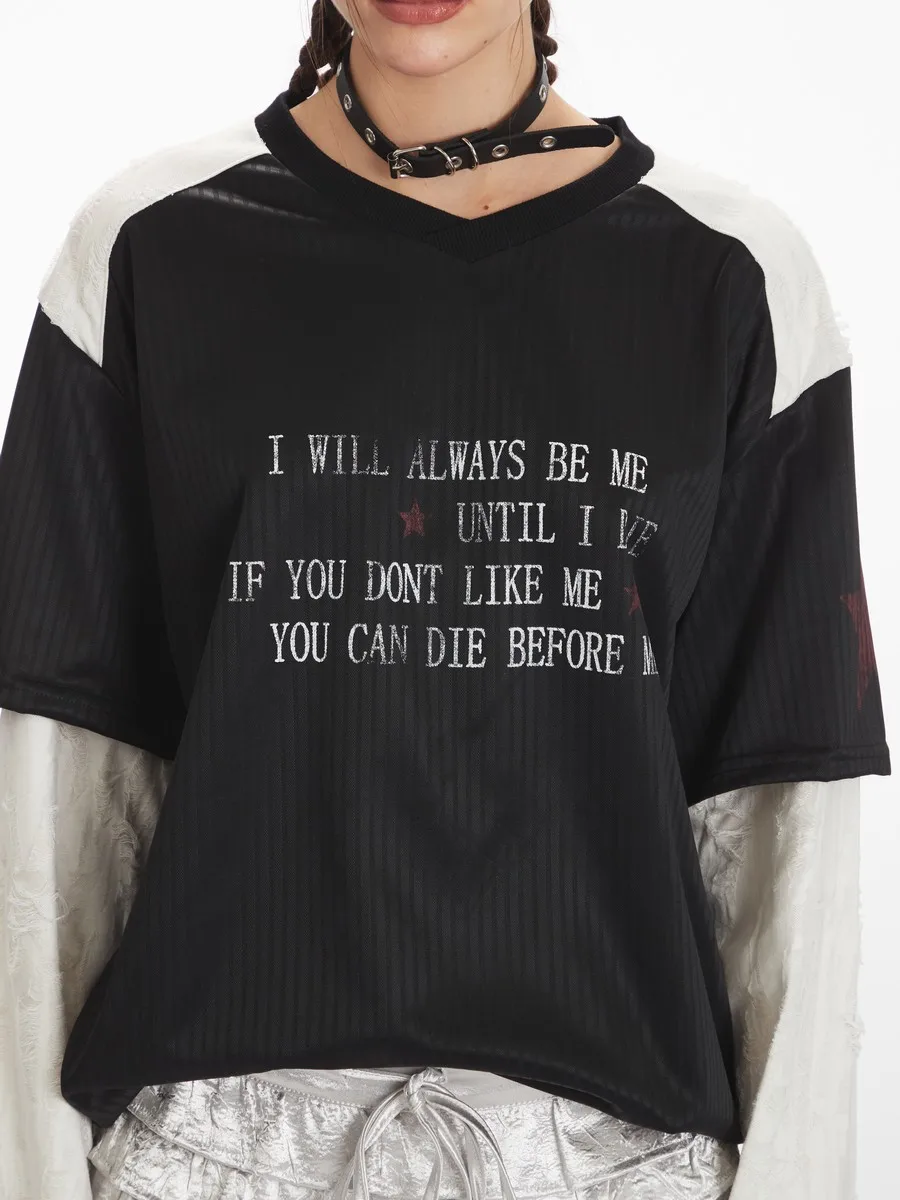 Loose Patchwork Ripped Frayed Distressed Long Sleeve Winter Fall Gothic Streetwear Grunge Tees Tops Tshirts for Women Girls