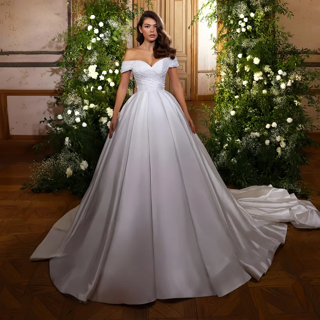 Customized Exquisite the Shoulder Satin Wedding Dresses Floor Length Pearls Beaded Bridal Gowns with Chapel Vestidos De Novia
