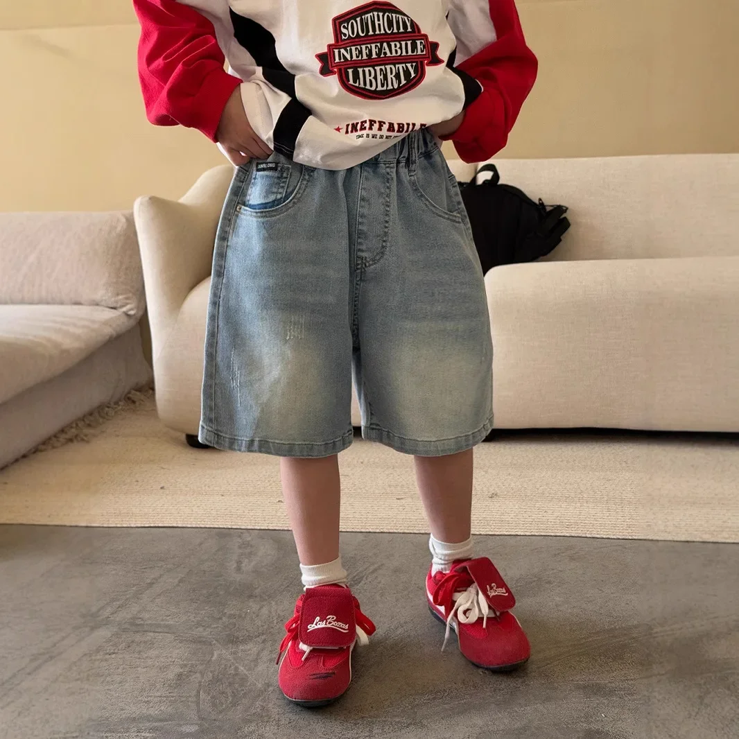 

Детская одежда, джинсовые шорты для мальчиков, лето 202, новые свободные повседневные универсальные детские простые повседневные джинсовые шорты в корейском стиле