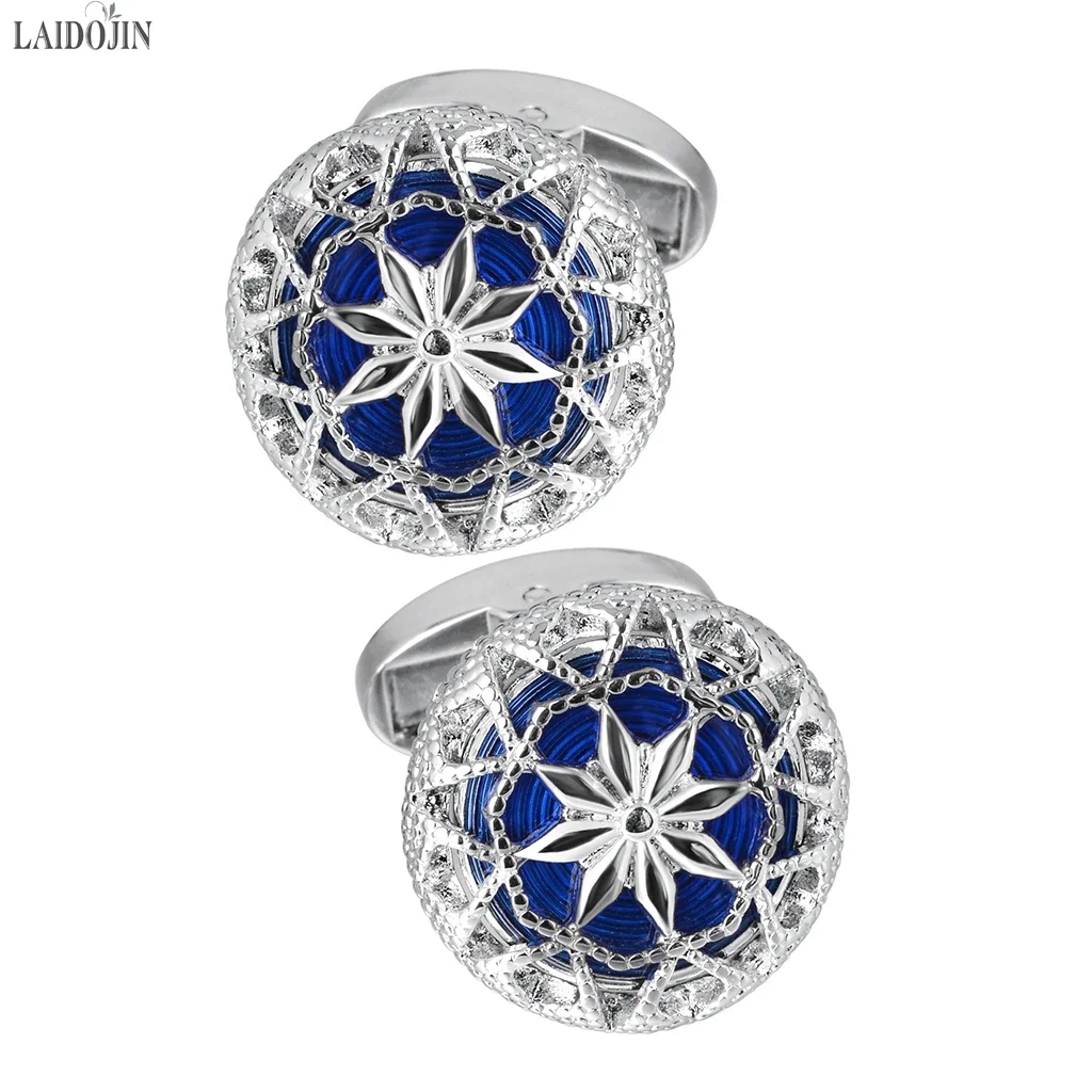 

LAIDOJIN High Quality Metal Hollow Pattern Cufflinks for Mens French Shirt Blue Enamel Cuff Links Wedding Best Man Business Gift