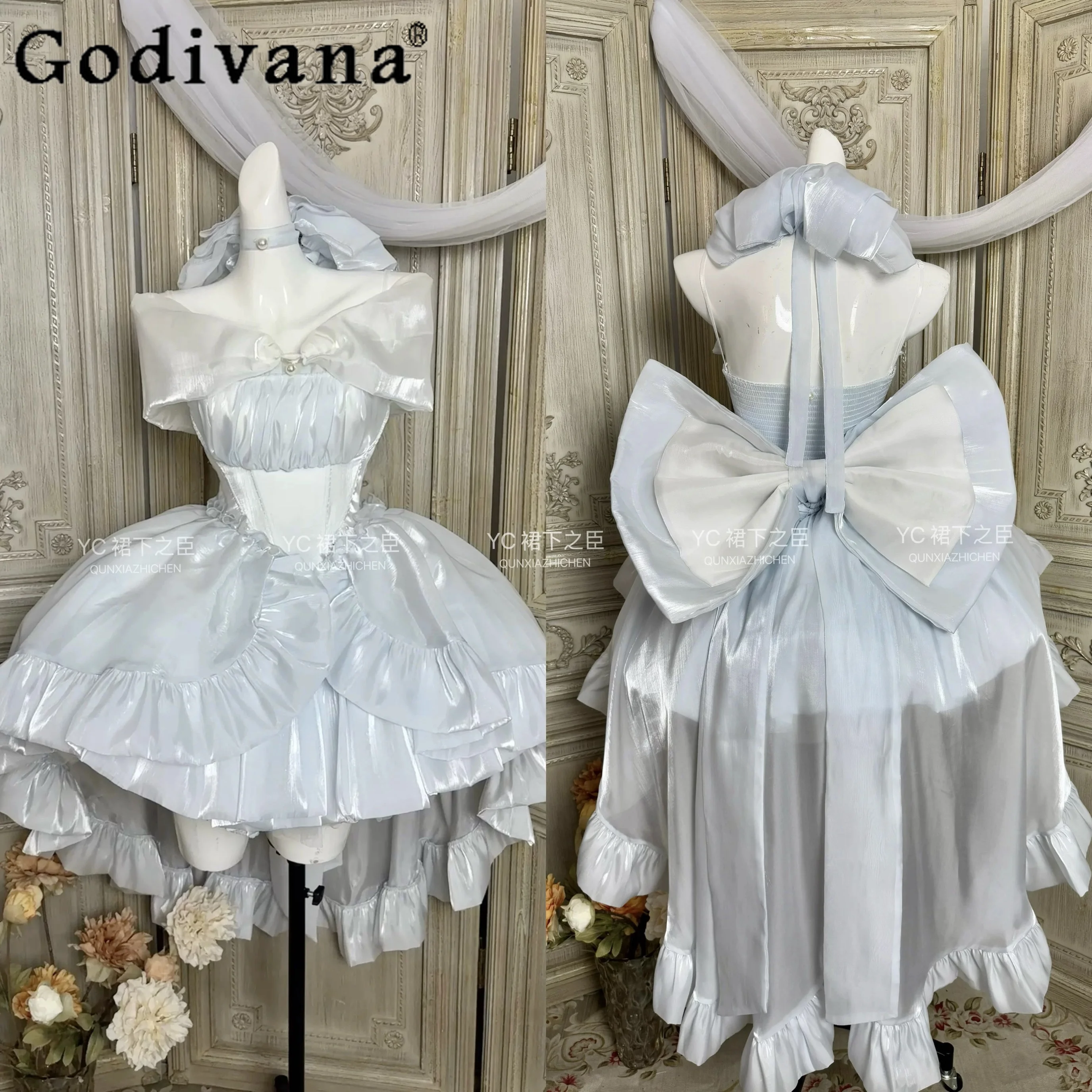 

French Elegant Blue Lolita Style Dresses Summer New Sweet Girl Women's Slim-Fit Off-Shoulder Big Bow Trailing Princess Dress