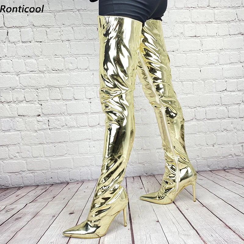 Ronticool, botas hasta el muslo de primavera para mujer, tacones de aguja patentados, puntiagudos, dorado claro, plateado, Cosplay, zapatos Unisex para mujer, talla estadounidense 5-15