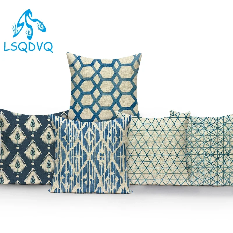 Nordic Style Simple Blue Decorative Pillows Geometric Stripe Polyester Funda Cojines Sofa Cushion Cover Home Decor Pillowcase