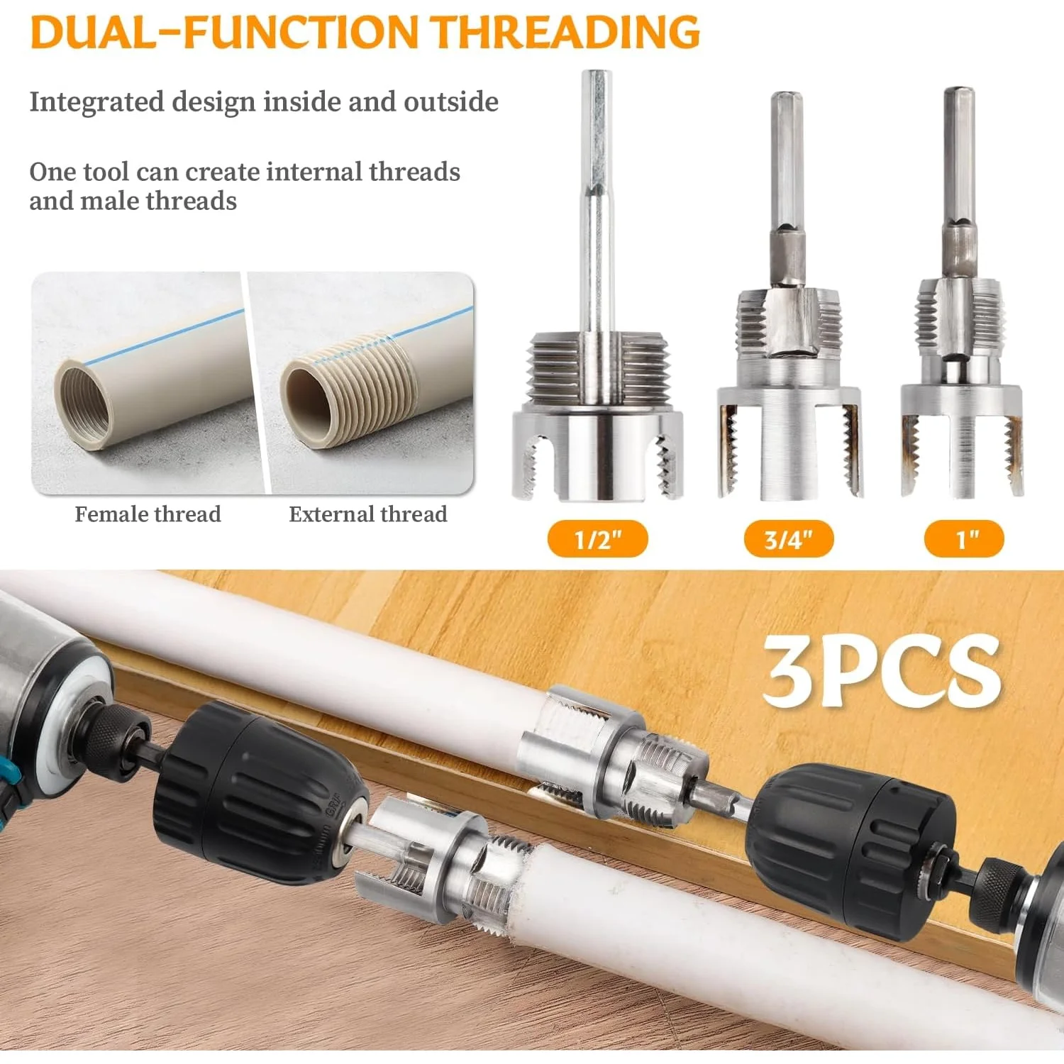 AT43-3 3Pcs Integrated Pipe Threading Tool | Dual-Function Internal & External Cutter for 1/2