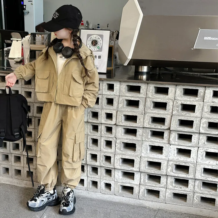 spring 16 teen girl workwear clothes set hooded zipper jacket multi-pocket cargo pants 2pcs junior kid sport suit child outfits
