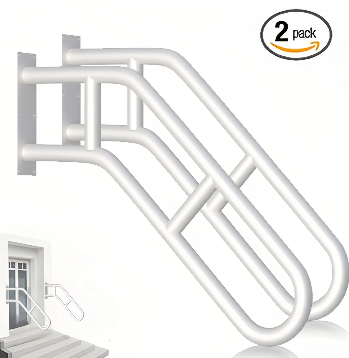 2 szt. Ulepszone białe poręcze schodowe, odpowiednie na 1-3 stopnie, w tym zakrzywione poręcze schodowe zewnętrzne, montowane na ścianie w kształcie litery U.