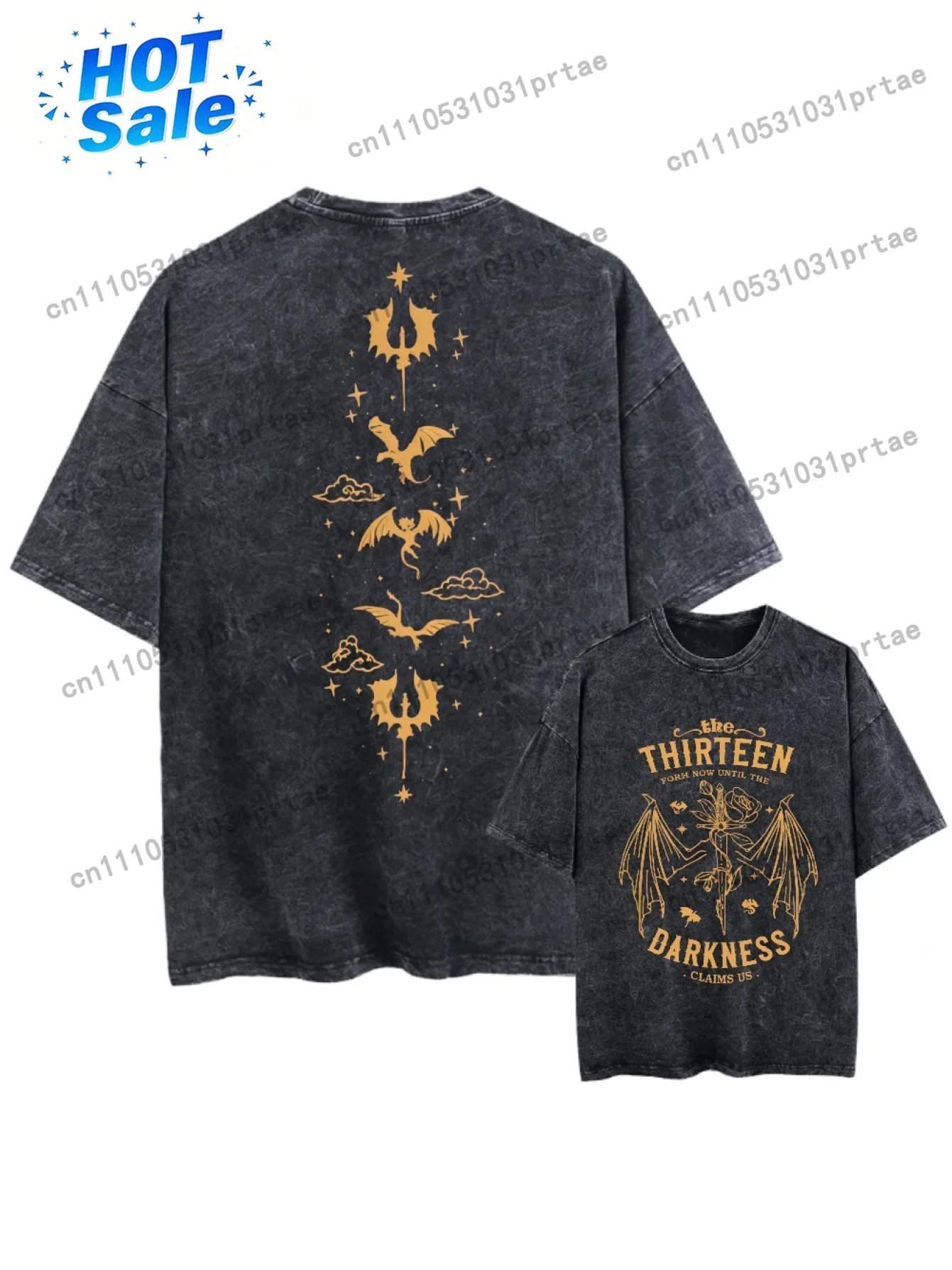 Unisex Vintage Washed Oversized Black Tshirt Short Sleeve Tees Graphic Men Women Clothing Dragon Star Cloud Sword Thirteen Darkn