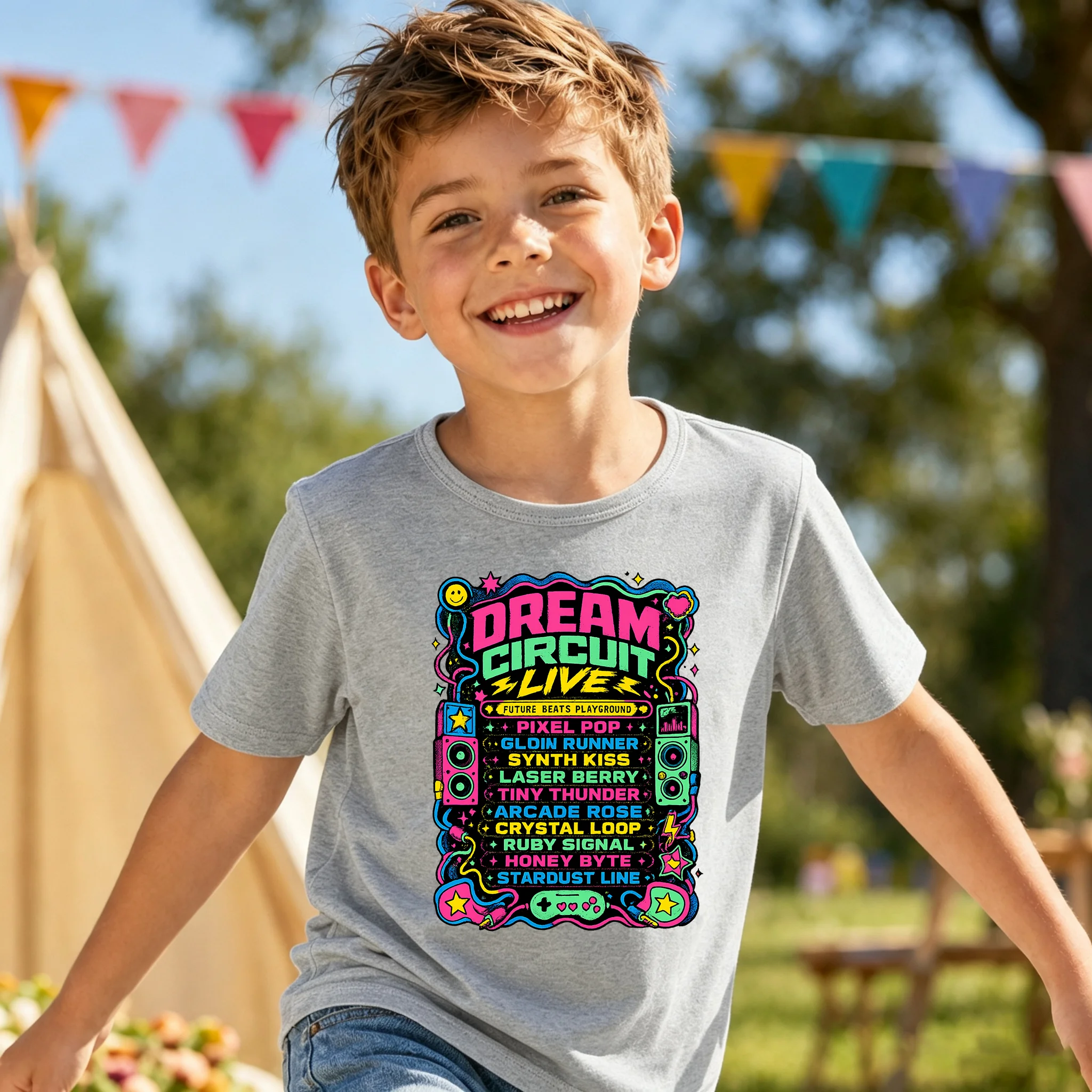 Camiseta Infantil Retrô Synth Wave com Estampa Colorida de Circuito, Alto-falante e Controle de Jogo, Camiseta Neon Graffiti para Meninos, Algodão Mac