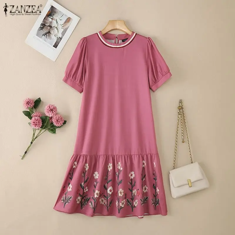 ZANZEA-vestido estampado Floral para mujer, vestido elegante de manga corta abombada, vestido veraniego con volantes para fiesta de vacaciones hasta la rodilla 2026