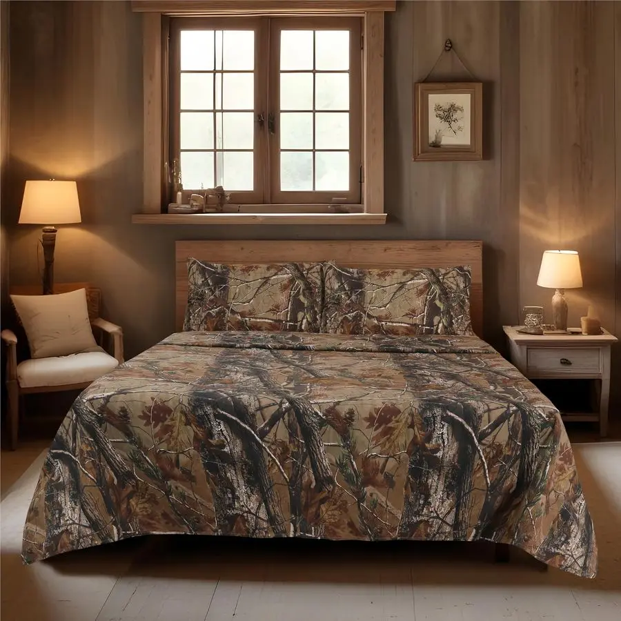 

Универсальный камуфляжный комплект постельного белья King Size из 4 предметов, поликоттон, в деревенском стиле, для хижины, домика и охоты. Идеальный комплект для кровати.