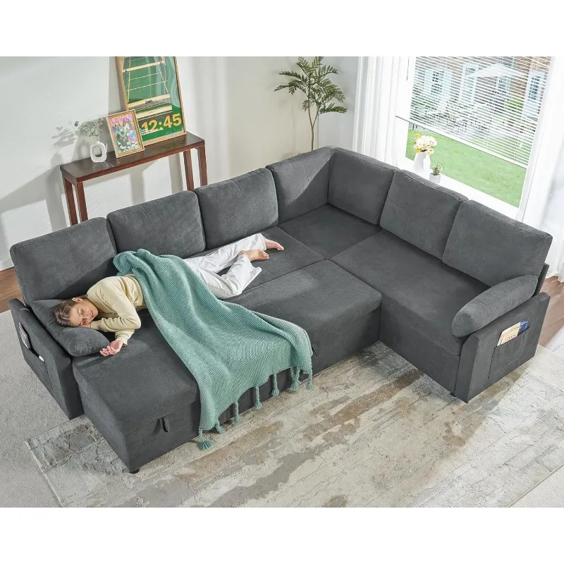 Pull Out Sofa, 112 Inch Oversized U Shape Sleeper Sofa Couch with Storage Chaise & 3 Seater, Comfy Couch with Pull Out Bed