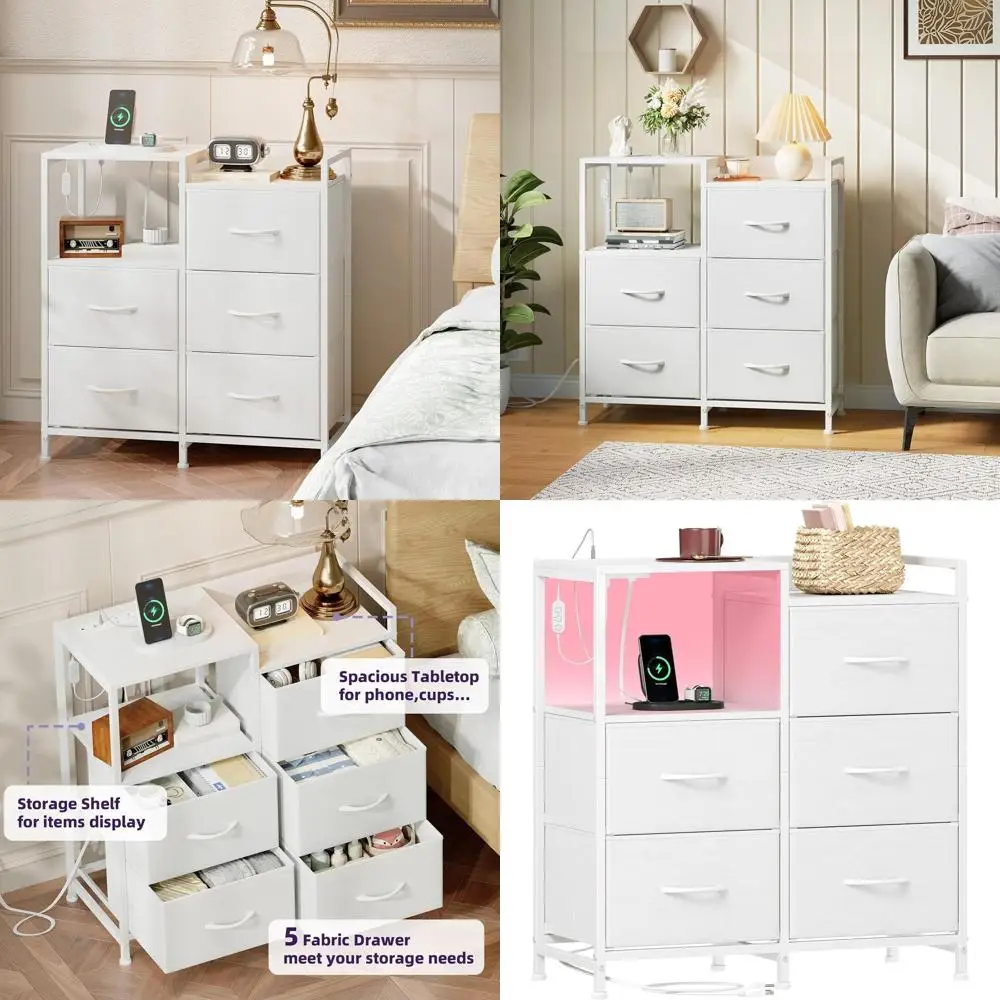 

Прикроватная тумбочка с LED-подсветкой и 5-ярусным тканевым комодом для детских, гостевых и общежитий комнат, белая кожа