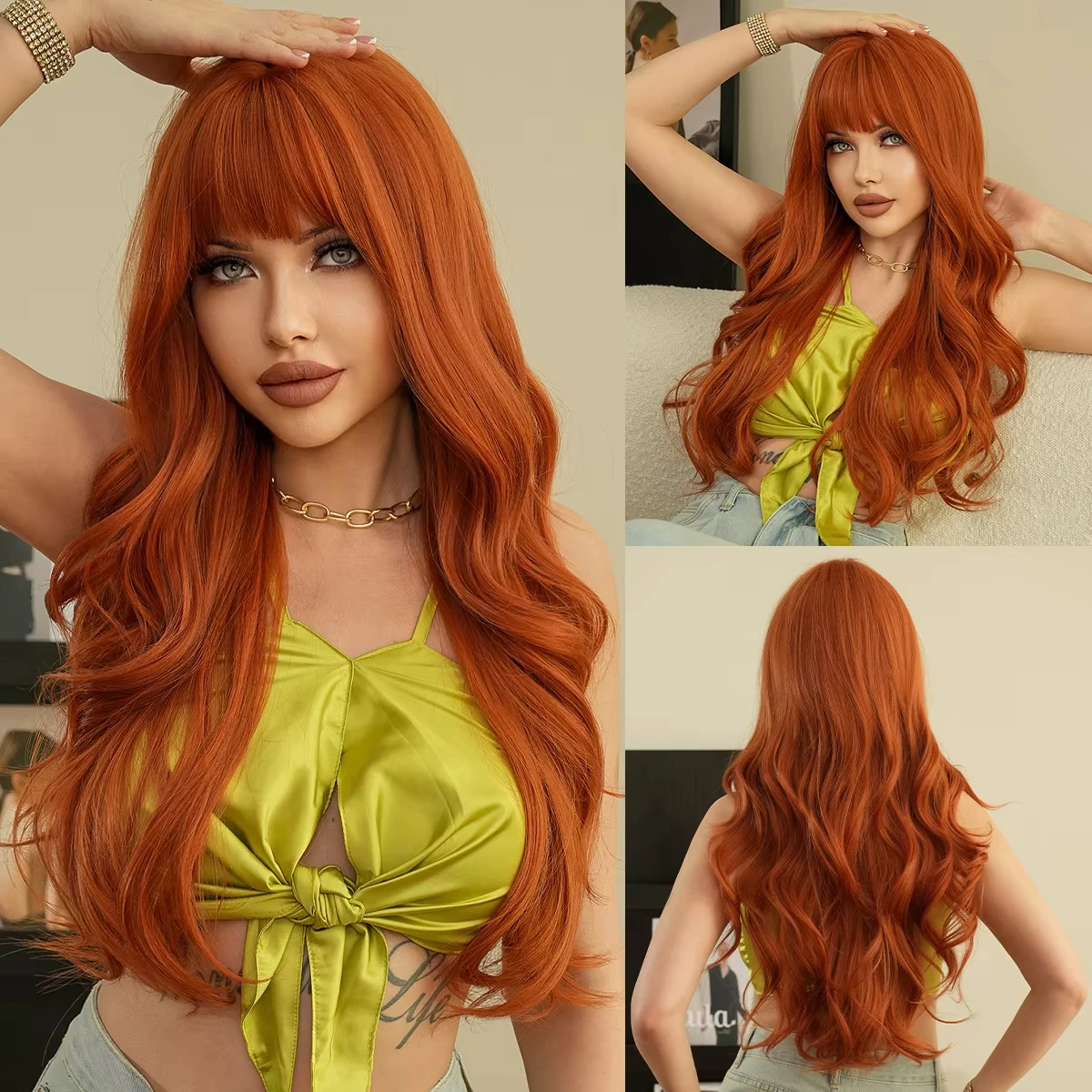 Hellgoldene synthetische Perücke mit großen Wellen für Halloween-Party, Cosplay-Perücke, Alltagsperücke, Hochtemperatur-Haar-Seidenperücken-Set – Detail 6