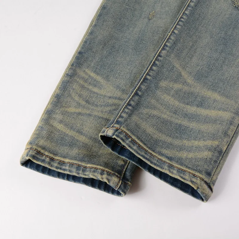 Men Cracked Patch Stretch Denim Jeans Streetwear Holes Ripped Distressed Patchwork Pants Vintage Skinny Tapered Trousers