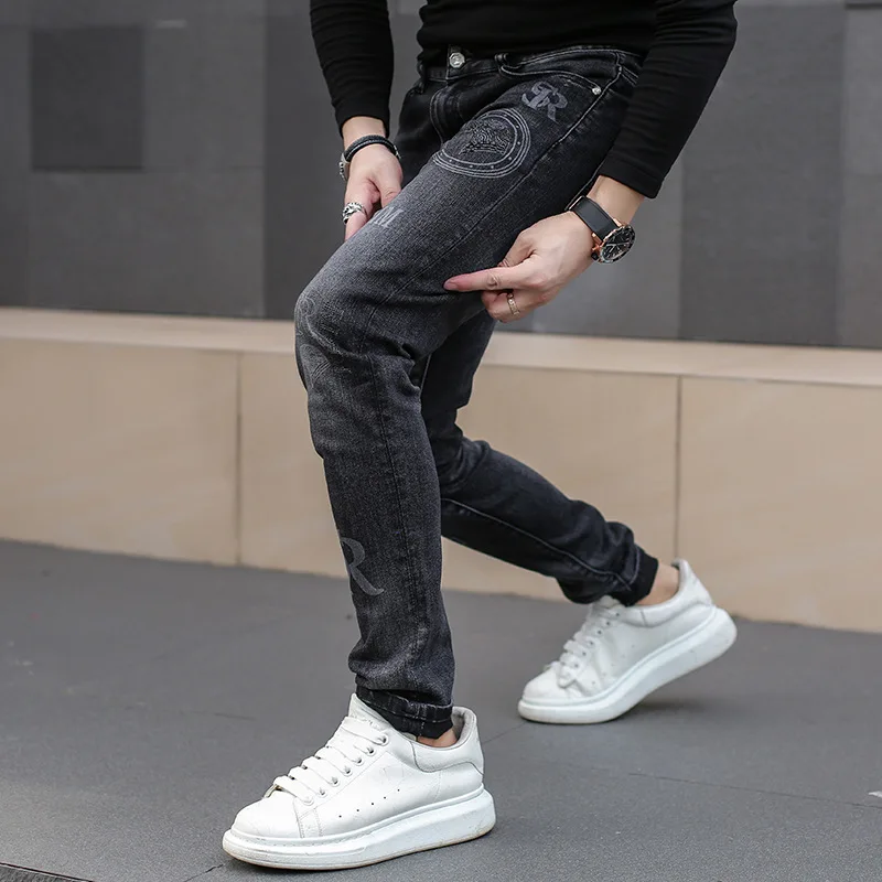 Man\'s Trousers Classic Distinctive Printed Black Stretch Denim Jeans for Men High Quality Slim Fit Stretch Hip Hop Denim Pants