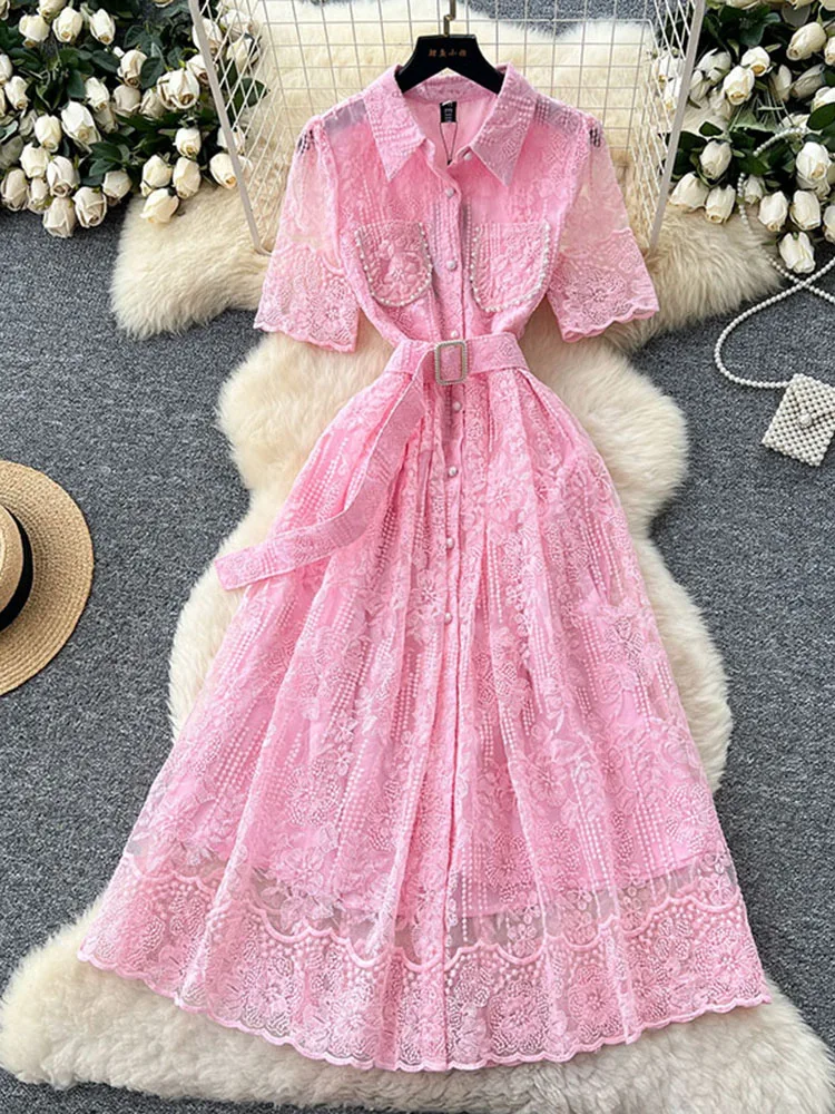 Sommerliches französisches Nagelperlen-Taschen-Mesh-Kleid mit kurzen Ärmeln für Damen – Modisches, elegantes, einreihiges, besticktes langes Kleid S463