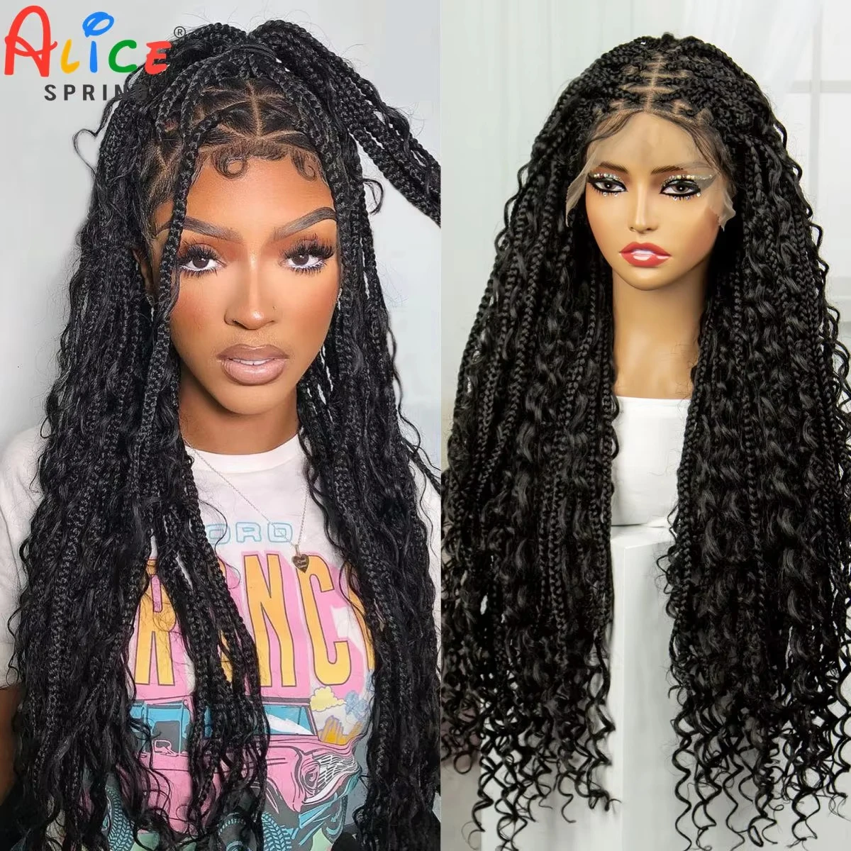 36" knotenlose Box Boho geflochtene Perücken mit lockigen Enden synthetische Lace-Front böhmische