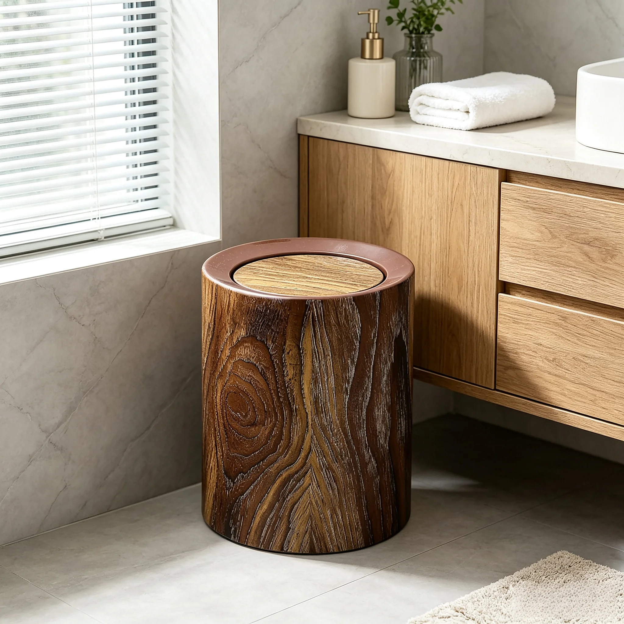 10L Round Wood-Grain Swing-Lid Trash Can – Modern Decorative Plastic Waste Bin with Removable Inner Bucket for Bathroom, Bedroom, Office & Living Room