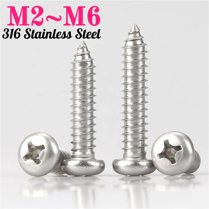 316 Stainless Steel M2 M2.2 M2.6 M3 M3.5 M4 M5 M6 Cross Phillips Pan Round Mushroom Head Self-Tapping Screws Bolts