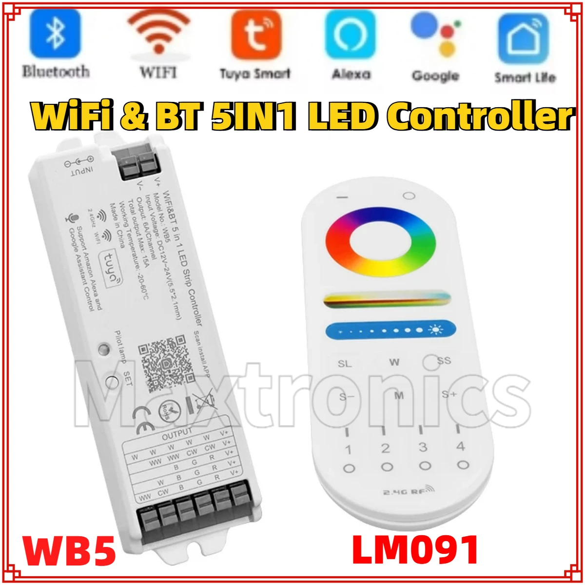 

WB5 WiFi&BT 5 IN 1 LED Controller Tuya Alexa Google Home Voice Control Bluetooth APP for DIM CCT RGB RGBWCCT Led Strip Dimmer